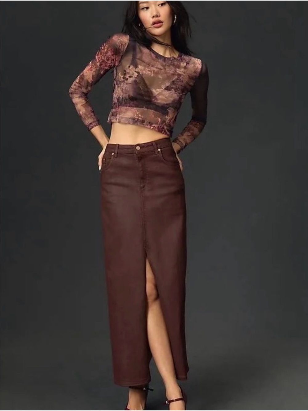 Anthropologie Pilcro Madi Front Slit Coated Denim Skirt Burgundy 14 NWT